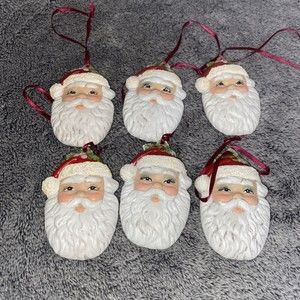 Ceramic Hand Painted Santa Head Ornaments Lot Of 6